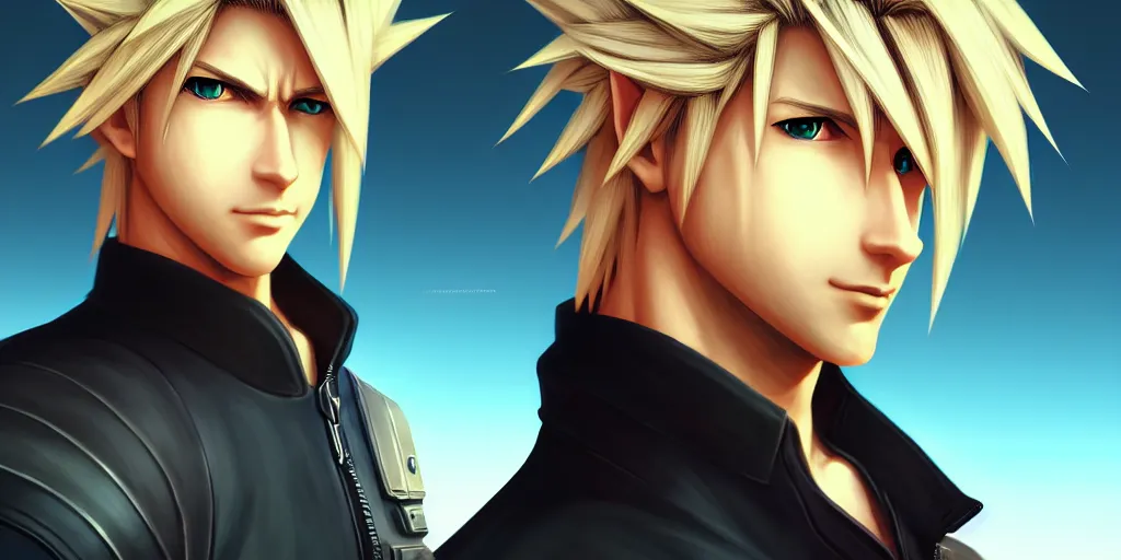 Image similar to low angle portrait of Cloud Strife from ff7, tepainting concept Blizzard pixar maya engine on stylized background splash comics global illumination lighting artstation lois van baarle, ilya kuvshinov, rossdraws