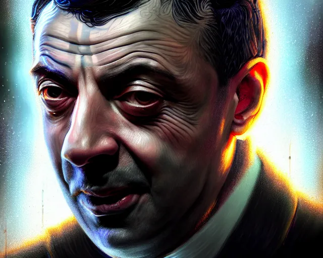 Image similar to lovecraft biopunk portrait of rowan sebastian atkinson, fractal background, au naturel, hyper detailed, digital art, trending in artstation, cinematic lighting, studio quality, smooth render, unreal engine 5 rendered, octane rendered, art style by klimt and nixeu and ian sprigger and wlop and krenz cushart.