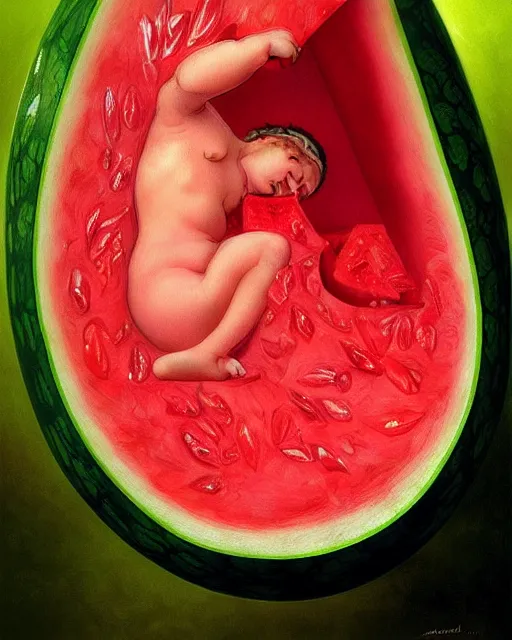 Image similar to a watermelon womb, baby in a transparent womb made of watermelon, gestation inside a watermelon, transparent, highly detailed, digital painting, artstation, concept art, smooth, sharp focus, illustration, art by artgerm and greg rutkowski and alphonse mucha