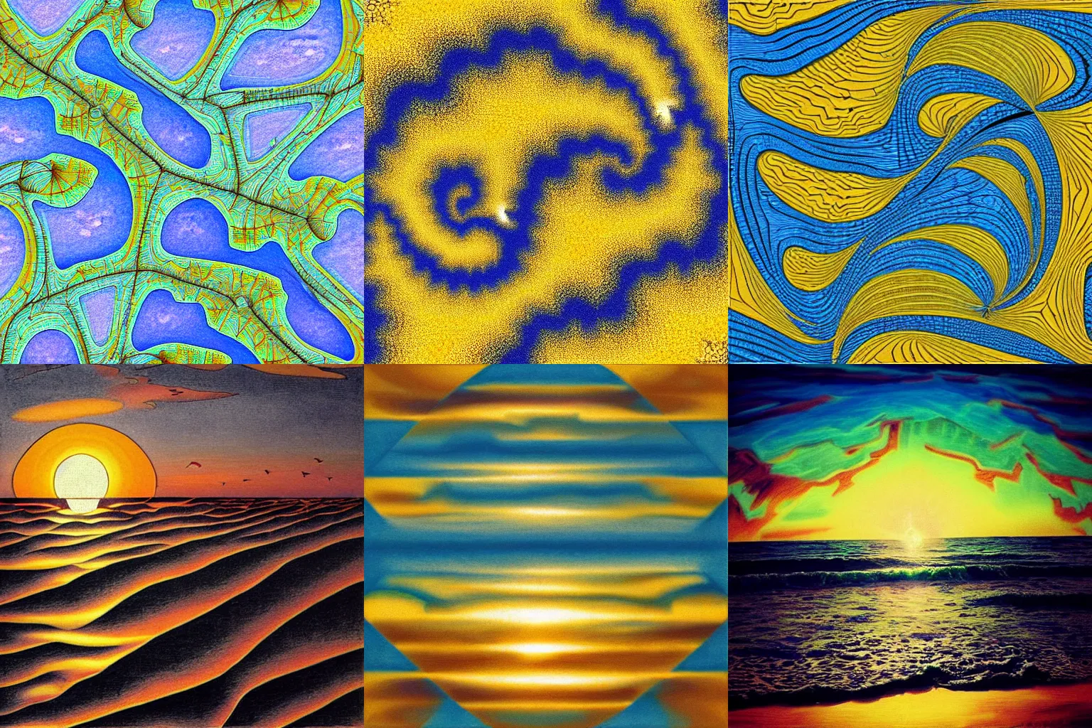 Prompt: “beach sunset by MC Escher, tiling, detailed, fractal, hyperbolic”