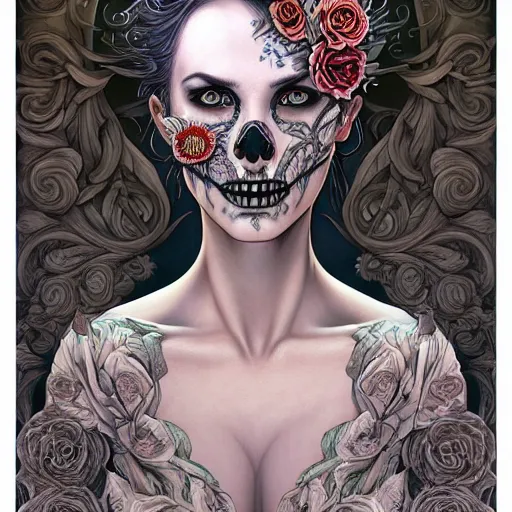 Image similar to a beautiful detailed front view portrait of a corpse woman with ornate growing around morphing, ornamentation, flowers, elegant, beautifully lit, skull, artgerm, joshua middleton comic cover art,