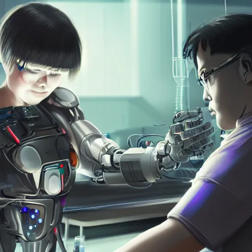 Image similar to cyberpunk robot repairing an android in a lab, concept art, fine details, Anime, cinematic lighting, ghost-in-the-shell,