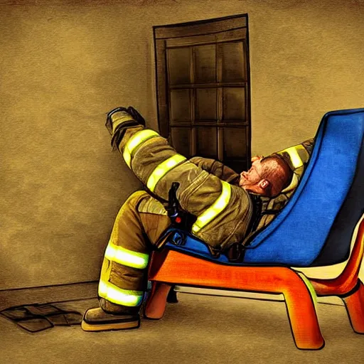 Image similar to Short firefighter asleep on blue reclining chair, digital art