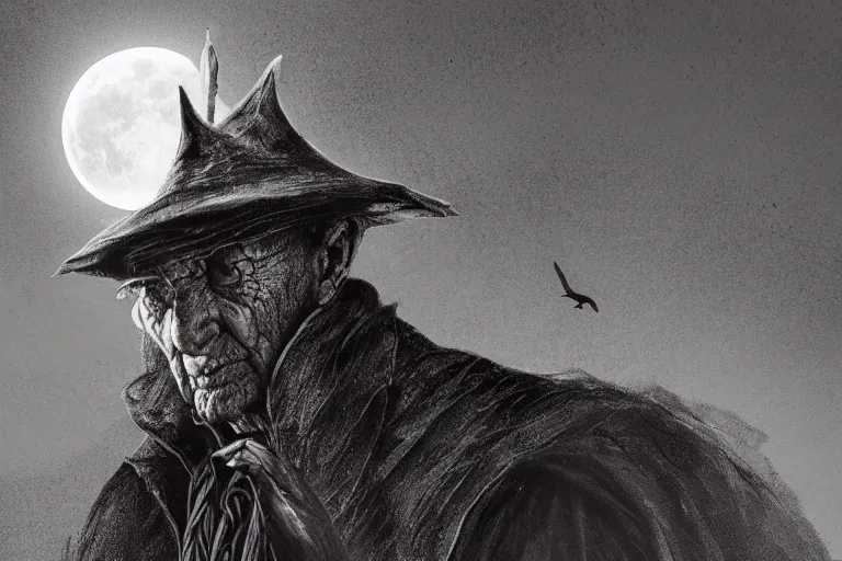 Prompt: a blind old wizard in a pointed hat, blind eyes, dark night, full moon, extreme close up, crows on the oak tree, highly detailed digital art, photorealistic