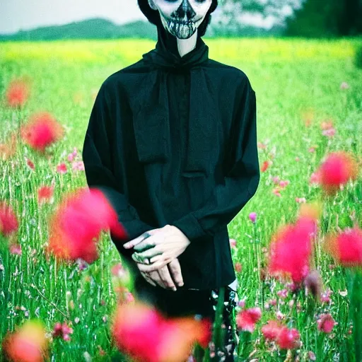 Image similar to kodak portra 4 0 0 photograph of a skinny goth guy standing far back in a field of flowers, wearing bandana on face, moody lighting, telephoto, 9 0 s vibe, blurry background, vaporwave colors, faded!,