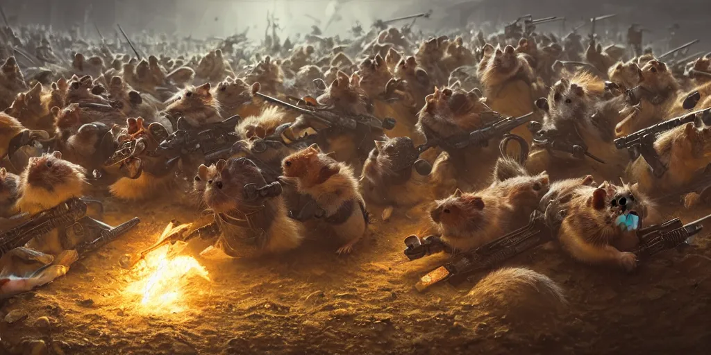 Image similar to highly detailed image of hamsters in a battle, hamsters, hamsters holding rifles, stephen bliss, unreal engine, fantasy art by greg rutkowski, global illumination, radiant light, detailed and intricate environment