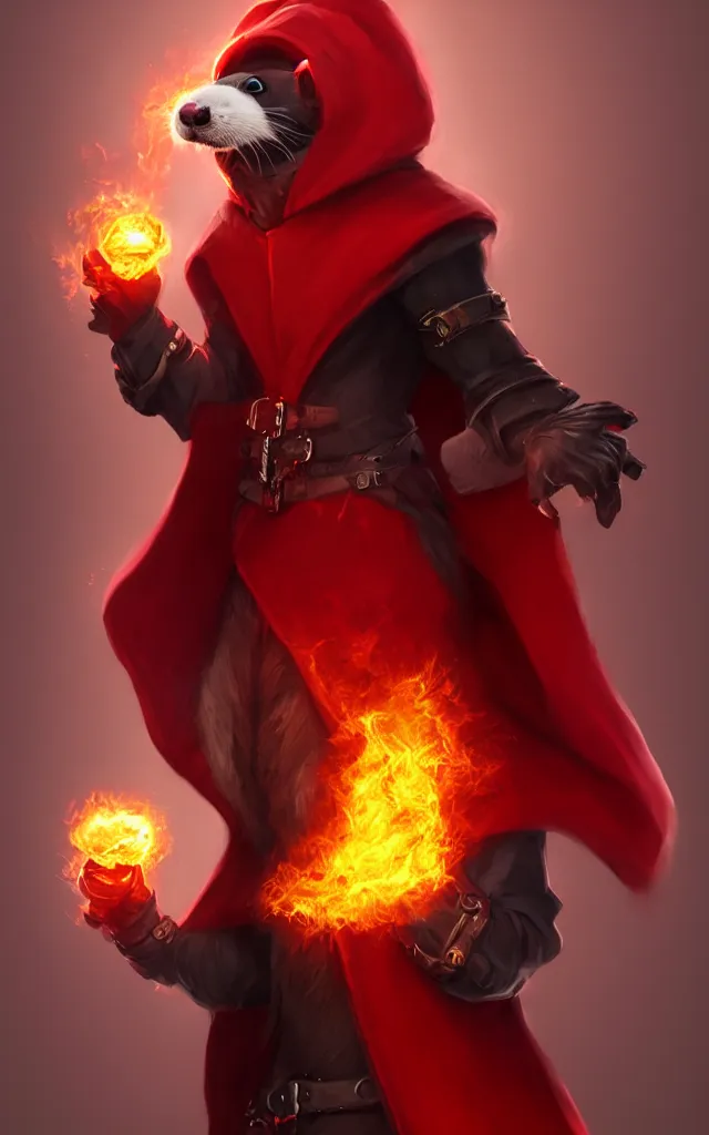 Image similar to a anthropomorphic ferret is a dark warlock dressed red robes, he's very menacing and evil, he's holding a fireball, hyperdetailed, artstation, cgsociety, 8 k