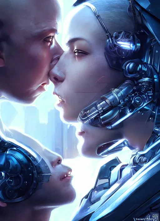 Image similar to cyberpunk, sci - fi, fantasy, ultra realistic close - up of a couple of cyborgs kissing, lovers, faces, led, unreal engine, octane render, soft light, night, highly detailed, digital painting, concept art, sharp focus, illustration, art by artgerm and greg rutkowski and alphonse mucha