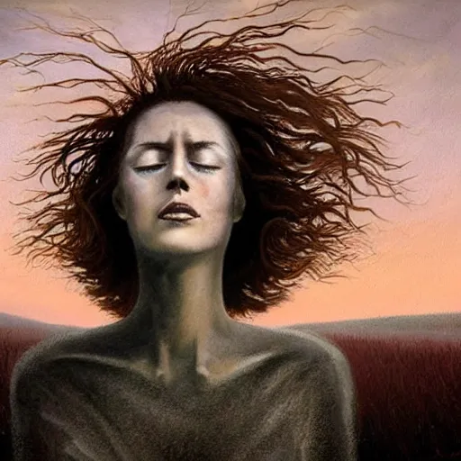 Image similar to The painting depicts a woman standing in a field of ashes, her dress billowing in the wind. Her hair is wild and her eyes are closed, and she seems to be in a trance-like state. The painting is dark and atmospheric, and the ashes in the field seem to be almost alive, swirling around. high-key lighting by Ken Kelly