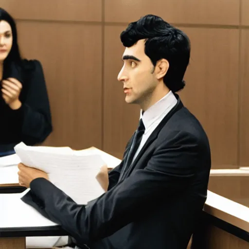 Prompt: a black haired lawyer wearing a suit and jeans talking in a courtroom in outer space