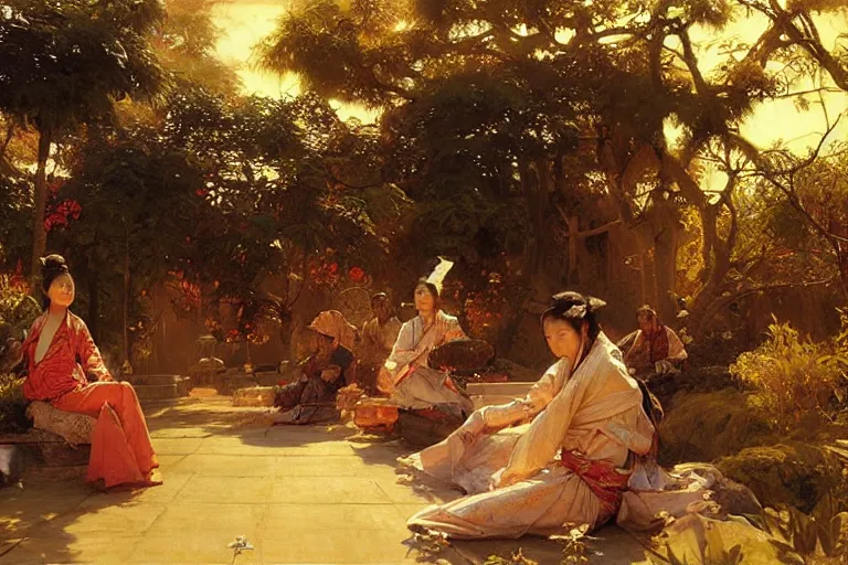 Image similar to wuxia, autumn, people rest in the garden, painting by gaston bussiere, craig mullins, j. c. leyendecker