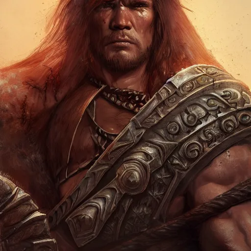 Image similar to conan the barbarian in diablo 3, au naturel, hyper detailed, digital art, trending in artstation, cinematic lighting, studio quality, smooth render, unreal engine 5 rendered, octane rendered, art style by klimt and nixeu and ian sprigger and wlop and krenz cushart