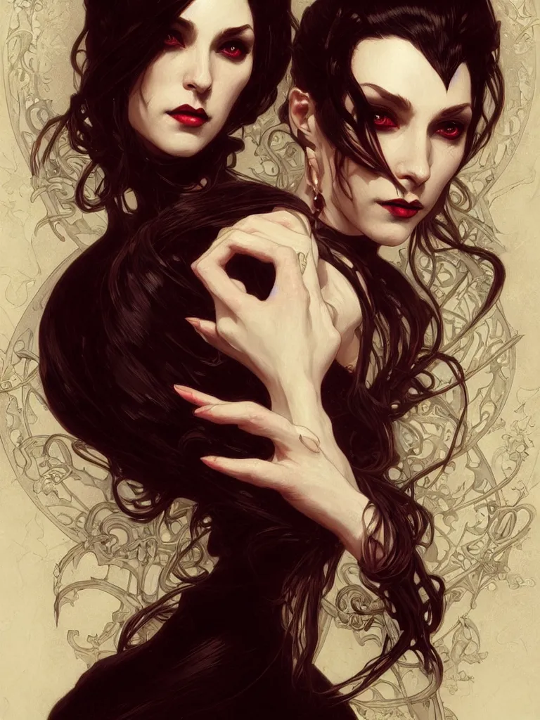 Image similar to elegant victorian vampire, portrait, intricate, elegant, highly detailed, digital painting, artstation, occult symbols, ceremonial, enochean, mystical, concept art, rough, sharp focus, illustration, art by artgerm and greg rutkowski and alphonse mucha and cris ortega and serge birault