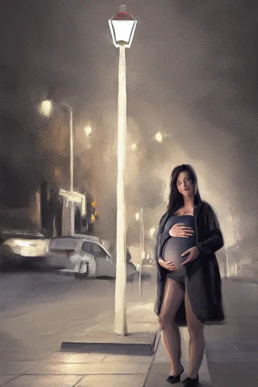 Image similar to pregnant woman under street light, highly detailed, sharp focused, ultra realistic digital concept art by Garth Laidlaw