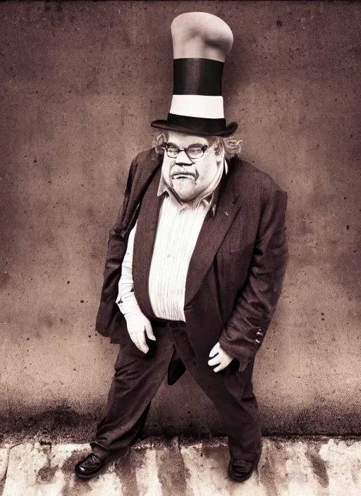 Image similar to seymour hoffman as Mayor Humdinger wearing a tophat in the style of Lee Jeffries, award-winning, detailed, Sony a7R