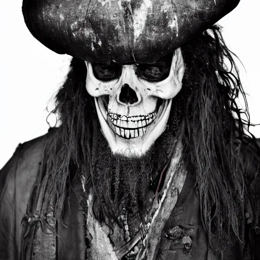 Prompt: 70mm photo of a worn and stained skull masked dirty rugged old pirate lord wearing a Skull Bone Mask dirty old black hat, worn black coat, long black beard and long black hair, dark scene with dim light, movie scene, depth of field