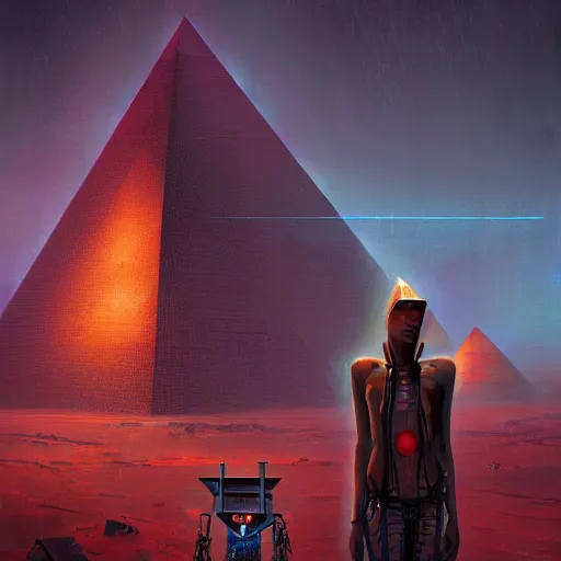Image similar to a dogon cyberpunk hacker and the pyramid portal by greg rutkowski and android jones in a surreal portrait style, oil on canvas, 8k resolution