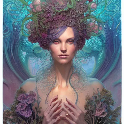 Image similar to a beautiful detailed front view portrait of a woman with ornate growing around morphing, ornamentation, flowers, elegant, beautifully lit, by wayne barlowe, peter mohrbacher, kelly mckernan,