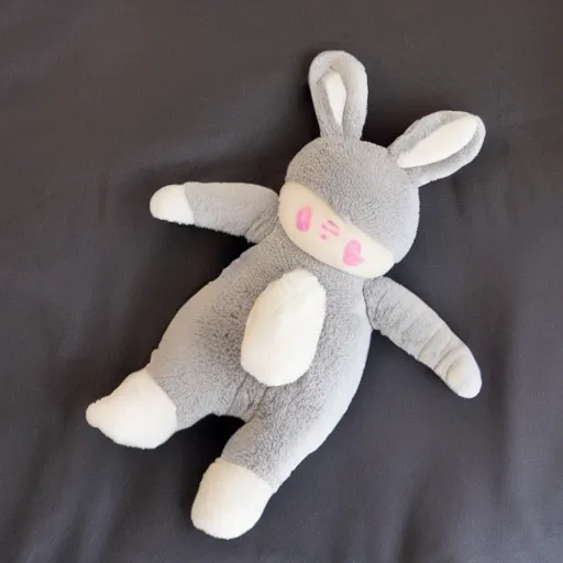 Image similar to a cute plush toy made to look like a sleeping baby wearing a grey fluffy bunny sleep suit