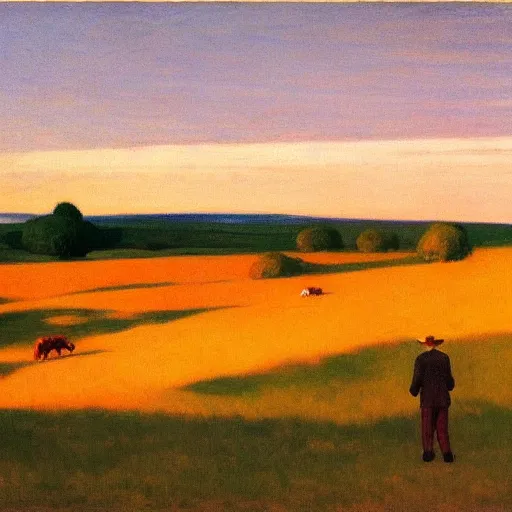 Prompt: a lone rancher desperately trying to corral a huge herd of cattle that are scattering, a beautiful landscape at sunset, by Edward Hopper