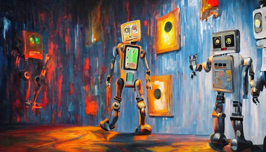 Image similar to robots! painting on canvases in a decrepit art gallery, dramatic lighting