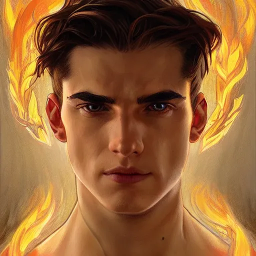 Image similar to character concept, portrait, symmetrical head - on centralized, young man with strong body and fire eyes. detailed, high quality, dynamic lightning, fantasy, scenematic. artwork by artgerm, wlop, alex ross, greg rutknowski, alphonse mucha
