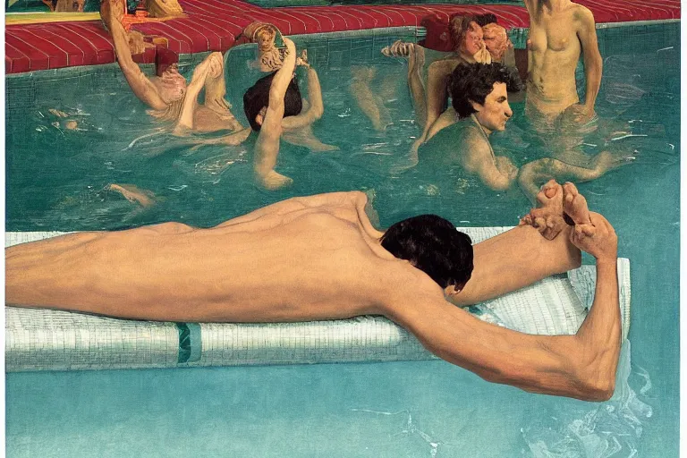 Image similar to justin trudeau in a swimming pool in a house in california, magazine centerfold, by david hockney, peter doig, lucien freud, francis bacon, bouguereau, norman rockwell, pop realism