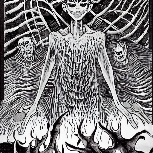 Prompt: Artwork by Junji Ito of The Chitine King Hian the Demigod, master of Ice, and their hateful haunting of steam mephits and horrifying balors, who plan to take revenge on the party for a perceived wrong done to them long ago.