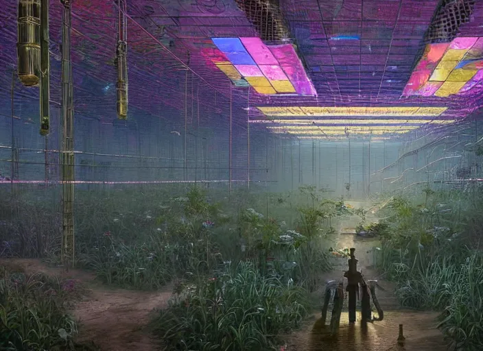 Prompt: rustic yet enormous SCP (Secure, Contain, Protect) agency interior with infinite rows of giant iridescent alien artifacts suspended in cylindrical containers made of gold and quartz by Simon Stalenhag, Zdiszlaw Beksinski, with vivid palette by James Gurney, overgrown with alien plants and flowers, inspired by Control the game, mysterious, eeriewave, hyperdetailed, dramatic camera angle with focus on infinity, octane render 8k, 4k, HDR, rtx on