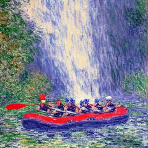 Prompt: joe biden river rafting next to waterfall, art by claude monet