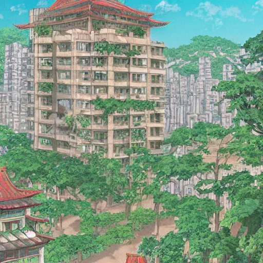 Image similar to a sprawling city landscape in an abandoned east asian country, highrise buildings, vines and weeds growing from the balconies, plants sprouting from the concrete, intricate, elegant, smooth, sharp focus, illustration, art by Studio Ghibli