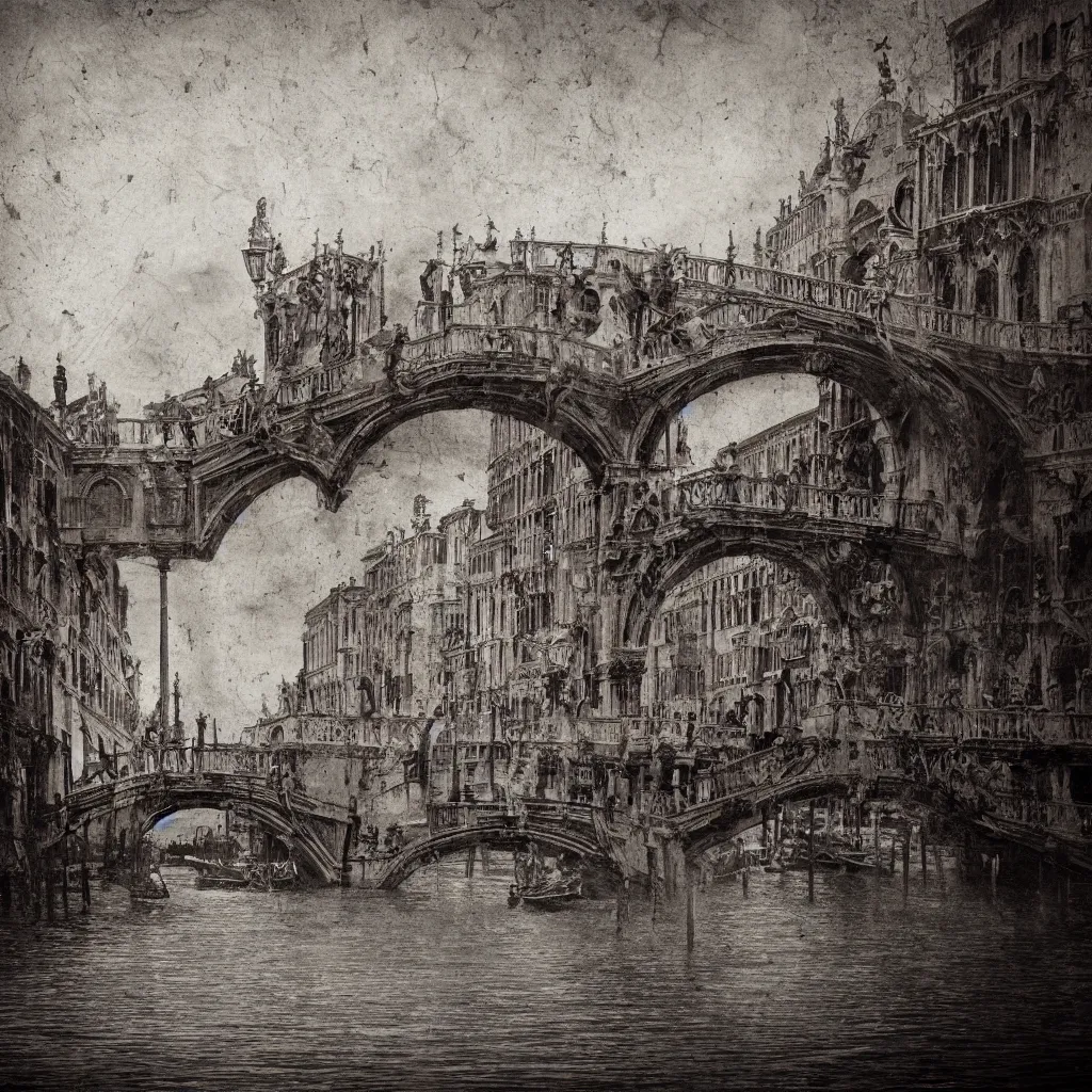 Prompt: oniric dream of the bridges of venice by piranesi, historic, ancient venice, composition, cinematic, rule, grid