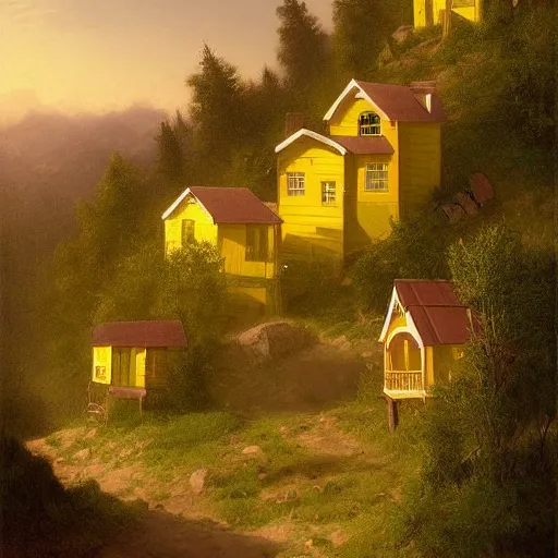 Image similar to a mountain full of many little yellow houses, digital art, trending on artstation, HDR, by Albert Bierstadt