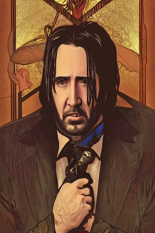 Image similar to a dramatic ethereal epic painting of nicolas cage as john wick | tarot card, art deco, art nouveau, realistic | deatiled face, dramatic lighting | by Dresden Codak, by Mark Maggiori and Alphonse Mucha | trending on artstation