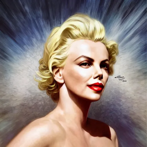 Image similar to portrait charlize theron, marilyn monroe, white cloth in wind shining, 8 k highly detailed, sharp focus, illustration, art by artgerm, mucha, bouguereau