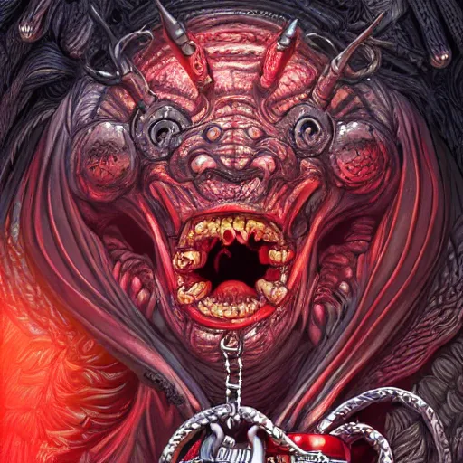 Prompt: demon, satan, red eyes, chain, handcuffs, large chain, wide open wife mouth, scream, cruelty, light effect, hyper detailed, intricate, elegant, highly detailed, digital painting, artstation, concept art, matte, sharp focus, illustration, by dan mumford, yusuke murata, makoto shinkai, ross tran