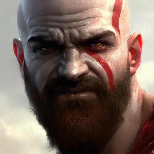 Image similar to kratos closeup portrait, dramatic light, lake background, 2 0 0 mm focal length, painted by stanley lau, painted by greg rutkowski, painted by stanley artgerm, digital art, trending on artstation