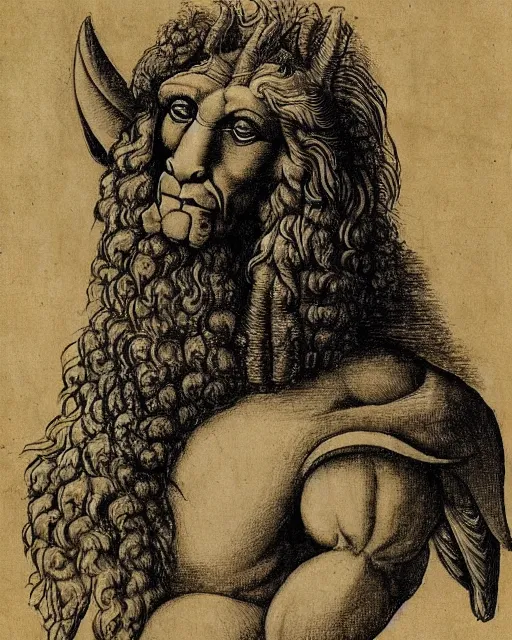 Image similar to a creature with the body and eyes of a man, beak of an eagle instead of nose, the mane of a lion, two horns of an ox on the head. drawn by leonardo da vinci