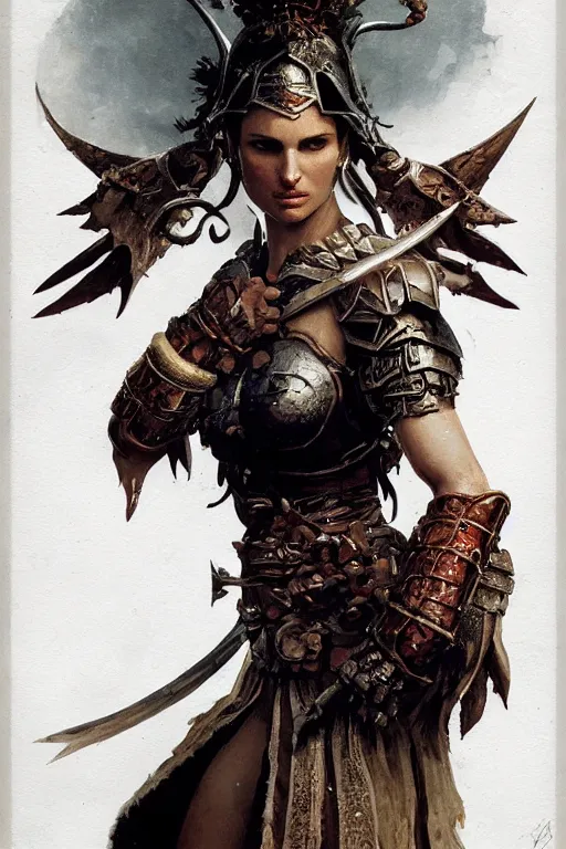 Image similar to natalie portman, legendary warrior, heroic fighter, diablo, fighting fantasy, tattoos, decorative ornaments, battle armor, by carl spitzweg, ismail inceoglu, vdragan bibin, hans thoma, greg rutkowski, alexandros pyromallis, perfect face, finely detailed, realistic shading