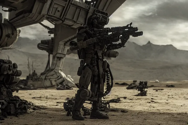 Prompt: vfx movie, sci - fi super soldier in worn military futuristic armor, posing with futuristic rifle in alien technology temple, by emmanuel lubezki