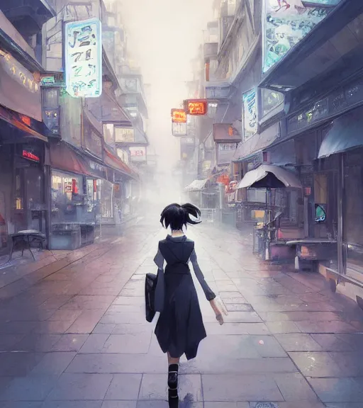 Image similar to a girl in a business is walking in the middle of the street, she has a red necktie and grey hair, digital painting, by tran ross and jordan grimmer and greg rutkowski, anime art, artstation, hd, smooth,