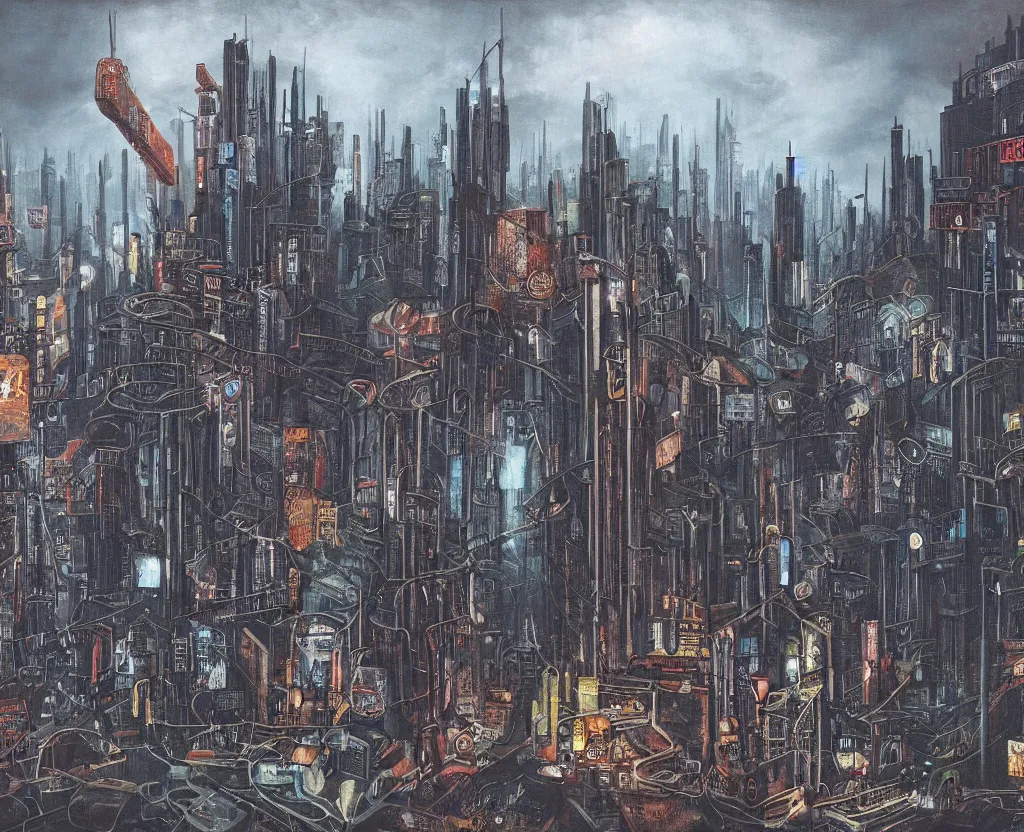 Image similar to a Dystopian gothic surrealism painting of a cyberpunk megalopolis