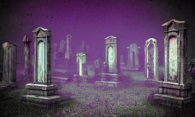 Image similar to new orleans style graveyard, crystal lights shine shade render!, witch meeting black circle!, midnight colors, photograph taken by giger and beksinski and death fog and decaying megacity