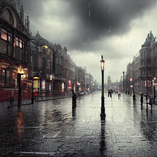 Image similar to rainy victorian city, 8k, ultrarealistic, ultra hd, gloomy, photorealistic