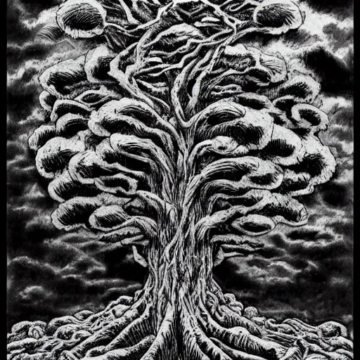 Image similar to Tree of Pain from Hyperion by Kentaro Miura, highly detailed, black and white