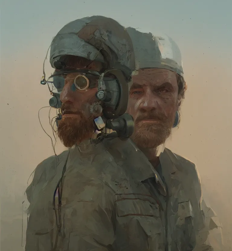 Prompt: a portrait of a researcher like indianer jones in a painting from stalenhag, 4 k, 8 k, hdr, artstation, concept art