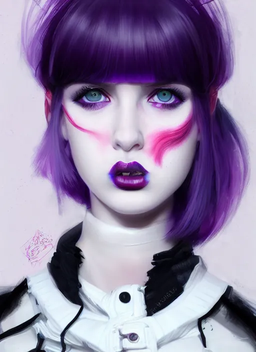 Image similar to portrait of white teenage girl, normal face, white bangs, mall goth, cyberlox, black and white hair, bangs, fluffy bangs, red contact lenses, purple lipstick, intricate, elegant, highly detailed, digital painting, artstation, concept art, sharp focus, smooth, illustration, art by wlop, mars ravelo and greg rutkowski