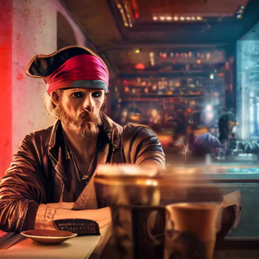 Image similar to a high quality portrait of a pirate in a cyberpunk cafe realism 8k