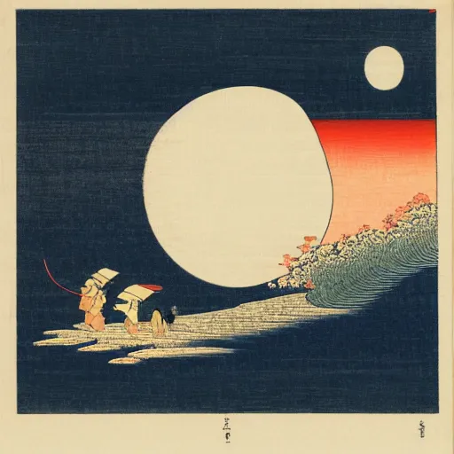 Prompt: a ukiyo - e style woodblock print of a gigantic full moon high in the sky and live rabbit on the ground, landscape and night sky, flat perspective and balanced composition and elegant design and clean and wonderful and beautiful, by katsushika hokusai and kawase hasui