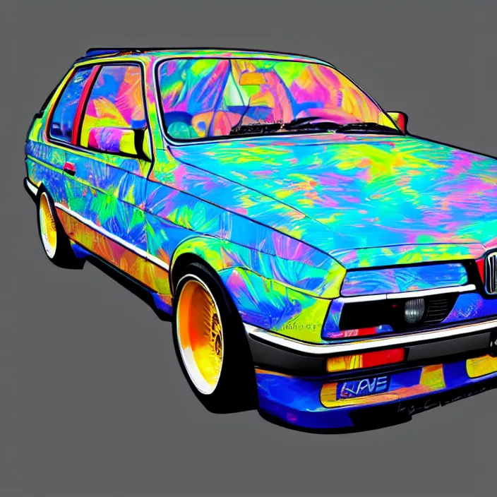 Prompt: bmw e 3 0 with psychedelic paint, kyza saleem, realistic, 4 k, sharp, detailed